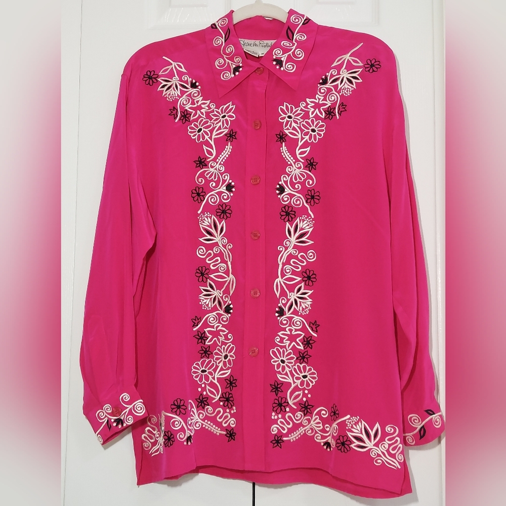 Diane Von Furstenburg Blouse, 100% SILK, Fuschia Pink, Embroidered